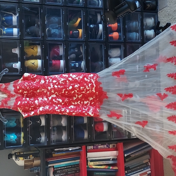 Red & beige sheer and lace formal mermaid prom dress - Picture 3 of 6